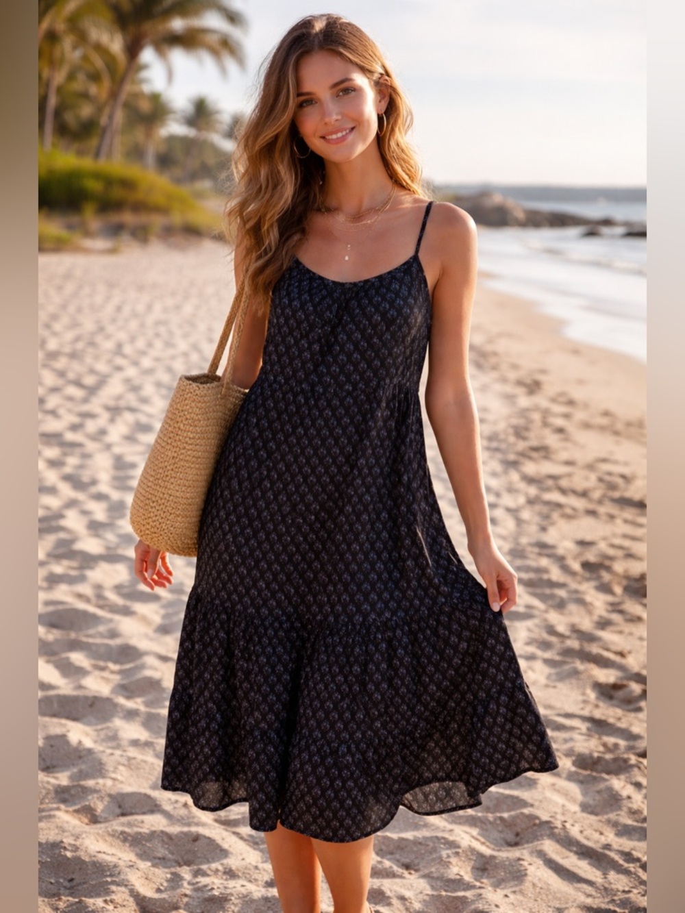 Acacia Organic Cotton Floral Printed Tiered Maxi Dress Resortwear Beachy Medium
